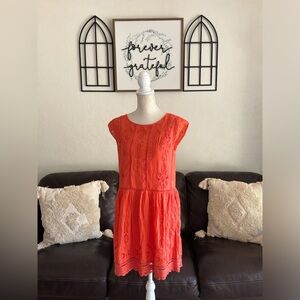 Anthropologie Meadow Rue 2 Piece Coral Orange Eyelet Dress Size US 8 Hippie Boho